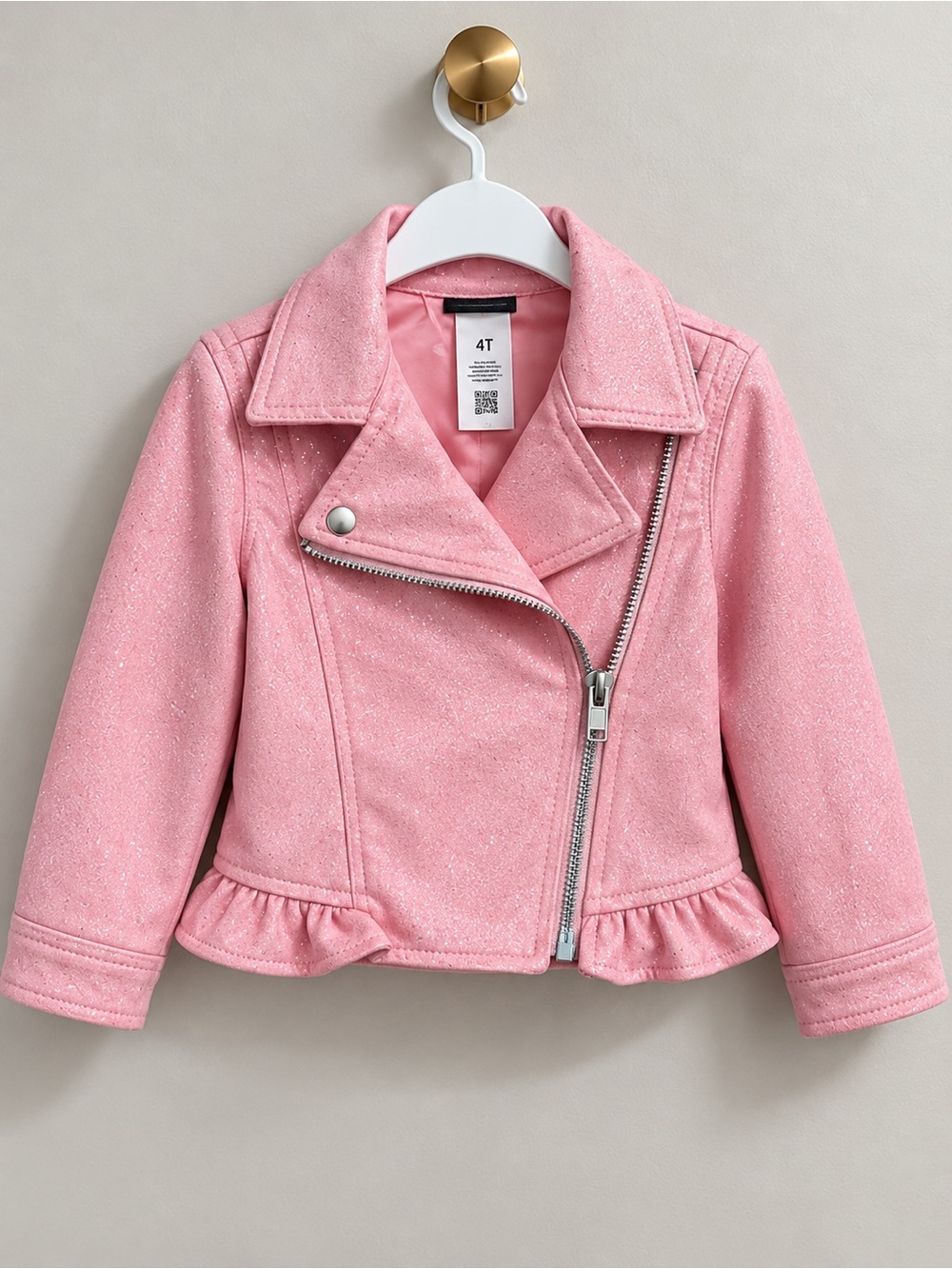 Girls' Pink Faux Suede Moto Jacket with Ruffle Hem